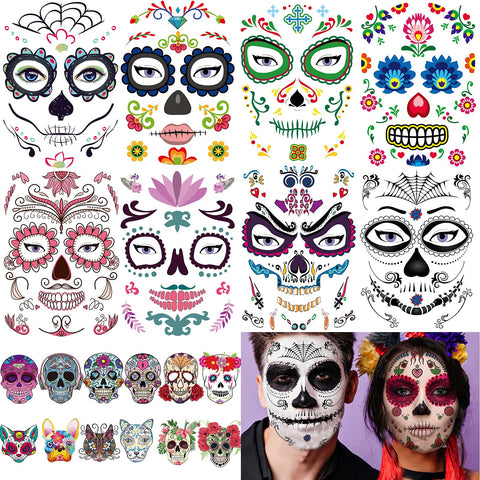 20 Sheets Day of the Dead Face Sugar Skull Tattoos ,Including 8 Large Sheets Halloween Temporary Face Tattoos, Halloween Sugar Skull Face Tattoos