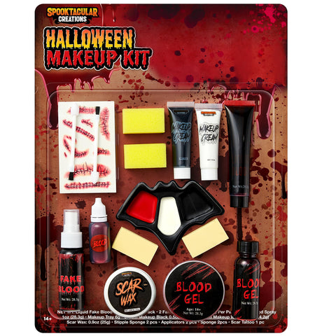 Spooktacular Creations 16 Pcs Halloween Family Makeup Kit Face Body Paint with Liquid Blood Gel, Fake Blood and More Easy On & Easy Off Makeup Set for Cosplay Halloween Party Supplies