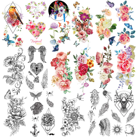 Yazhiji 41 pieces/lot Fashion Temporary Tattoos Waterproof for Men Women Adult Flowers Words Stickers and Expressions Body Art Tattoos Paper