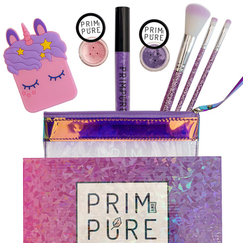 Prim and Pure Mineral Gift Set with Unicorn Mirror| Perfect for Play Dates & Birthday Parties | Kids Eyeshadow Makeup - Mineral Blush | Organic & Natural Makeup Kit for Kids| Made in USA (Purple)