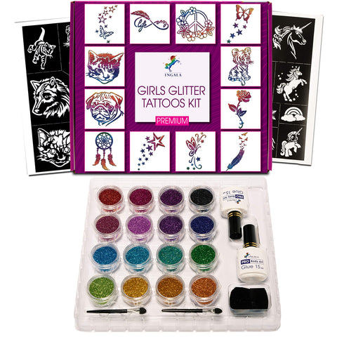 INGALA PREMIUM Temporary Glitter Tattoos Kit for Girls - 74 Premium Glitter Tattoos Stencils, 2 X 15ml Premium Body Glue, 16 X 5g Stunning Glitters for Girls, Teenage and Woman (For Girls)