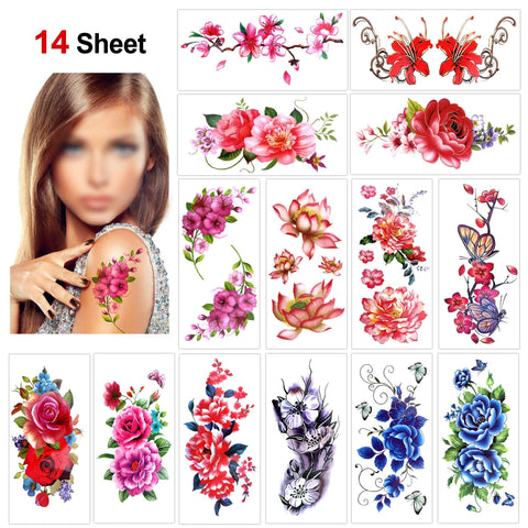 Flower Temporary Tattoos for Women Teens Girls(14 Sheets),Konsait Rose Lotus Cherry Blossoms Waterproof Temporary Tattoo Festival Fake Tattoo Body Art Stickers for Summer Beach Pool Party