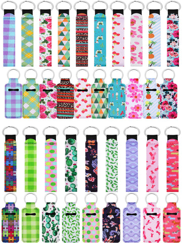 40 Pieces Chapstick Holder Keychains Neoprene Wristlet Keychain Lanyards Lipstick Holder Lip Balm Pouch Vibrant Colors for Girls Women