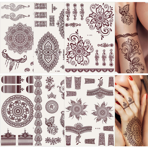 6 Sheets Henna Tattoo, Mandala Flower Temporary Tattoo Stickers for Women, Fake Tattoos Henna Stickers, Waterproof Red Ink Body Art Stickers.