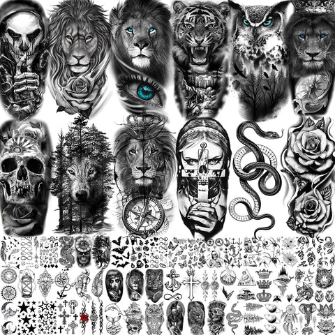 65 Sheets FANRUI Black Tiger Lion Temporary Tattoos For Men Women Arm Sleeve, Waterproof Tattoo Stickers Adults Snake Wolf Rose Flower Compass, 3D Skull Owl Fake Tattoos That Look Real And Last Long