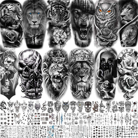 VANTATY 69 Sheets 3D Realistic Tiger Lion Temporary Tattoos For Women Forearm Men Arm, Half Sleeve Wolf Owl Skull Skeleton Waterproof Fake Tattoos For Adults Thigh, Black Animal Bulk Tattoo Sticker
