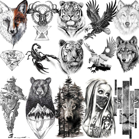 VANTATY 10 Sheets Realistic Tiger Temporary Tattoos Animals For Men Body Armband Soldier Fake Tatoo Stickers For Women Scorpion Wolf Deer Elk Eagle Bear Dot Adults Forearm Tattoos Girls Kids Teens.