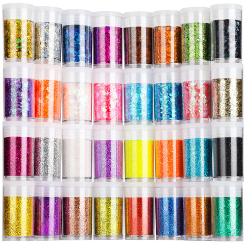 Teenitor Glitter, Fine Glitters and Holographic Chunky Glitters,Glitter for Nails, Glitter Slime, Assorted Glitter, Festival Glitter for Nail Face Hair Body, Glitter for Resin Tumblers, 16+16pcs