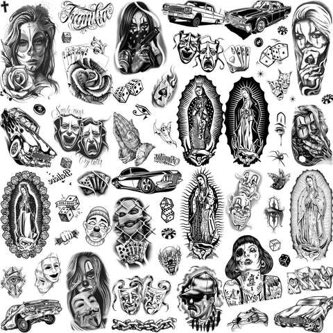 TASROI 6 Sheets Large Chicano Temporary Tattoos For Men Women Adult, Chicana Guadalupe Gangster Temp Fake Tattoos Prisoner Day of the Dead, Halloween Mexico Tattoo Stickers Tatuajes Temporales Autocolante
