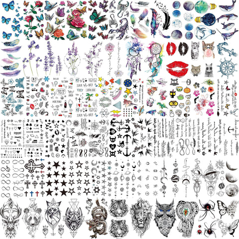 EGMBGM 66 Sheets 430+ PCS Cute Temporary Tattoos For Women Men Adults, Watercolor Butterfly Flower Lavender Fake Tattoo Stickers Kids Boys Girls, Black Star Animals Space Temp Tattoos Dragon Wolf Lion