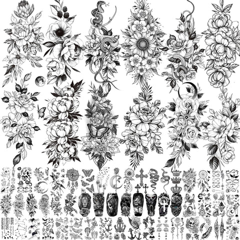 VANTATY 61 Sheets 3D Snake Flower Temporary Tattoos For Women Girls Neck Arm, 12 Sheets Realistic Floral Fake Tattoo Stickers Thigh, Waterproof Temp Transfer Tatoo Adults Rose Sunflower Butterfly