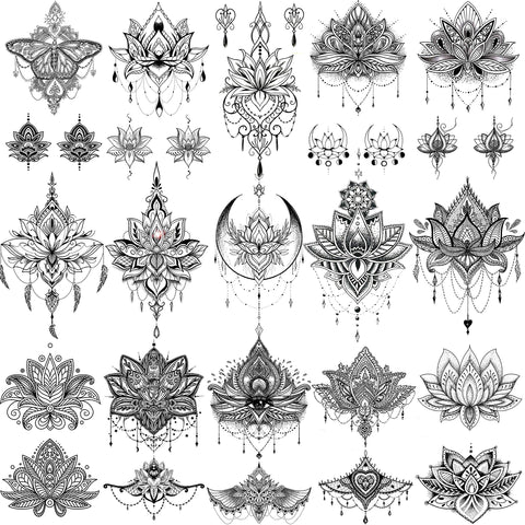 EGMBGM 15 Sheets Sexy Black Lotus Temporary Tattoos For Women Fake Jewelry Indian Tribal Bohemia Lace Moon Moth Flowers Pendant Temp Tattoos Temporary Sticker For Girls Arm Neck Chest Breast Tatoos Boobs